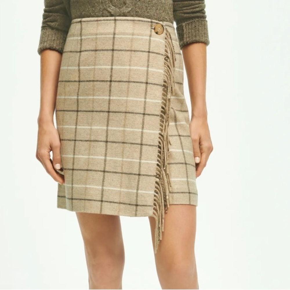 NOT FOR SALE Brooks Brothers Wool Blend Windowpane Fringed Wrap Skirt